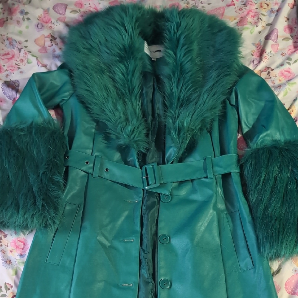 Fashion Nova Green Faux Fur Trench Coat